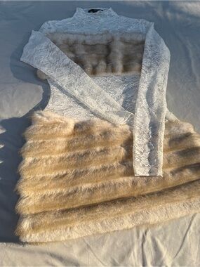 Finesse White Lace Mini Dress with Beige Faux Fur Panels ultimate party dress